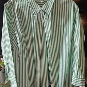 Lauren Ralph Lauren Green and White Vertical Stripe Button-Down Blouse